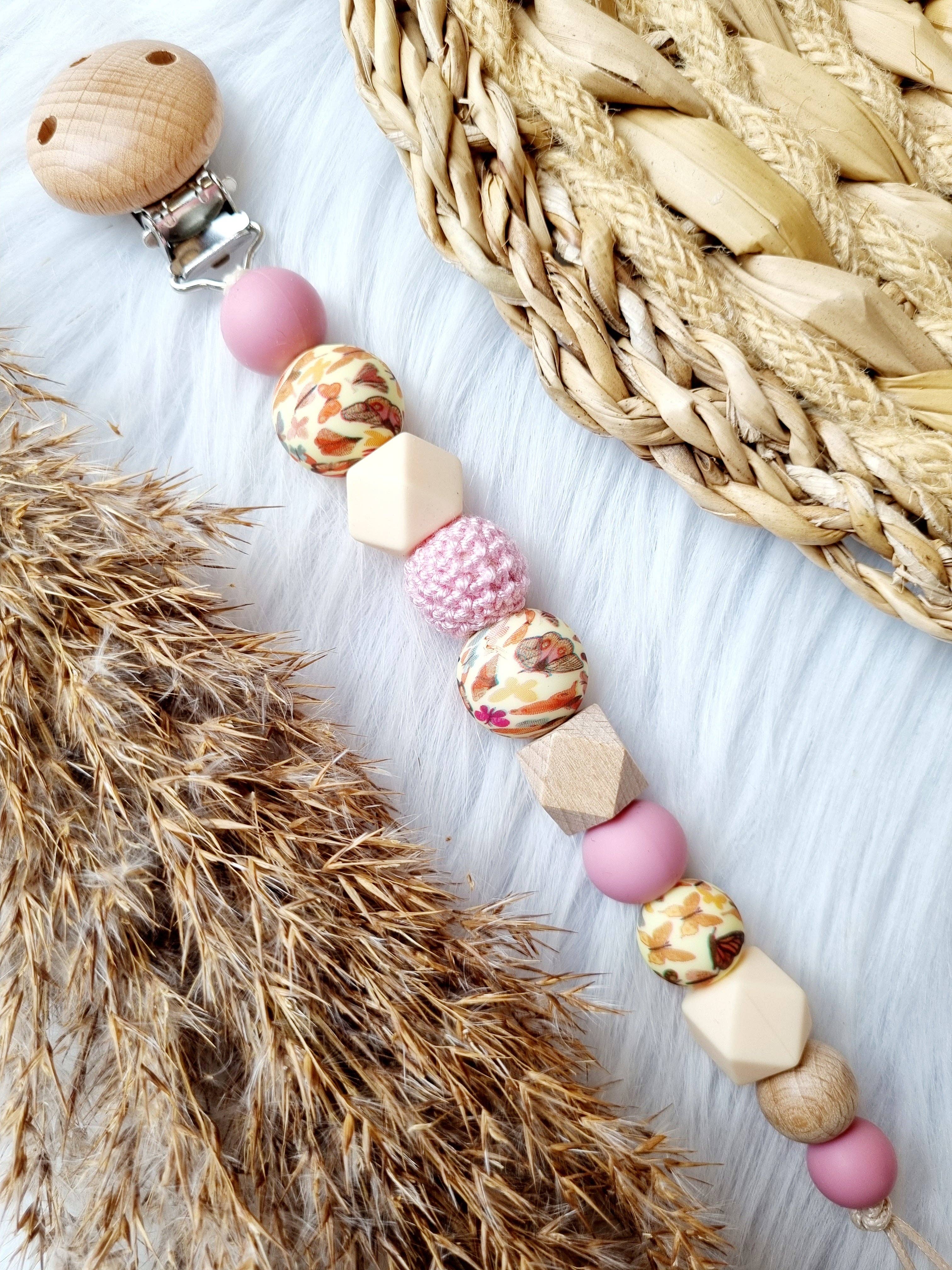 Attache tétine - Papillon, rose poussiéreux, vanille